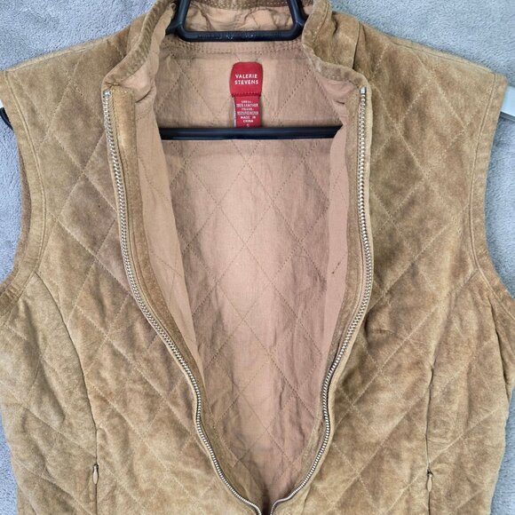 Womens Valerie Stevens Quilted Tan Leather Vest Full Zip Polyester Fill Size S - Picture 2 of 8